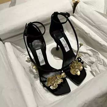 Одно слово женщины с квадратным носком босоножки весна-лето 2025 новые сексуальные золотые орхидеи атласные туфли с открытым носком на шпильке высокие каблуки женские 35