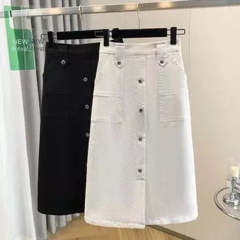 Однобортная джинсовая юбка средней длины с эластичной резинкой на талии, женская юбка-трапеция с разрезом на весну и лето, женская одежда больших размеров XXXXXL белый