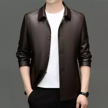 Однобортная кожаная куртка для мужчин на осень и зиму, кожаная куртка с лацканами нового стиля, одежда для пап среднего возраста, свободная повседневная кожаная куртка M