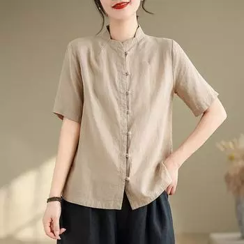 Однобортная рубашка Retro Zen из хлопка и льна с короткими рукавами, женская, простой дизайн, кардиган с воротником-стойкой M хаки