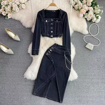 Однобортная рубашка с квадратным вырезом и длинными рукавами, высокая талия, нерегулярная юбка, джинсовый модный костюм