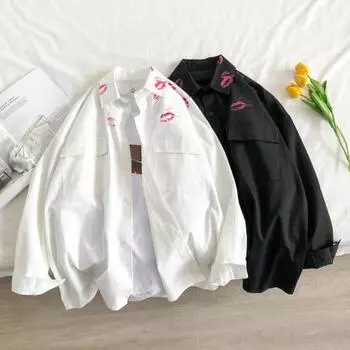 Однобортная рубашка с лацканами и длинными рукавами, карманы с клапанами, мужская повседневная рубашка на весну и осень с принтом поцелуя XL чёрный