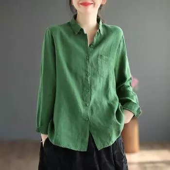 Однобортная рубашка в стиле ретро из хлопка и льна с длинными рукавами, женская свободная повседневная рубашка на весну и осень XXXL зелёный