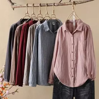 Однобортная женская рубашка с длинными рукавами и полосатым лацканом L красный