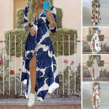 Однобортное платье-рубашка с длинными рукавами и нерегулярным подолом, женское модное свободное платье макси с принтом, женская одежда XL