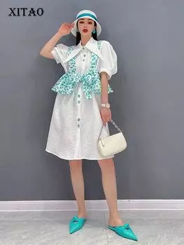 Однобортное платье с принтом XITAO WLD7008 One Size белый