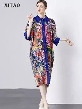 Однобортное платье с рукавами «летучая мышь» и принтом XITAO DMJ3993