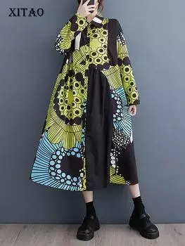 Однобортное платье XITAO с принтом в стиле пэчворк и длинными рукавами HQQ1258