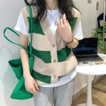 Однобортный полосатый вязаный кардиган, новинка весны 2022, женский модный вязаный свитер без рукавов, тонкий корейский жилет, кардиган One Size чёрный