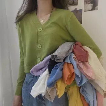 Однобортный пуловер с v-образным вырезом на пуговицах, свитера для женщин, осень-весна, короткий рукав с длинным рукавом, маленькая свежая верхняя одежда, вязаные топы-кардиганы, один размер, однотонный OneSize небесно-голубой