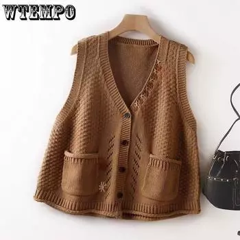 Однобортный вязаный кардиган, однобортный жилет с v-образным вырезом, женский весенний, осенний и зимний внешний жилет в стиле ретро M кирпич красный