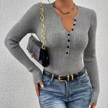 Однобортный вязаный свитер с V-образным вырезом, женский сексуальный свитер с длинным рукавом, универсальные облегающие топы на весну и осень S бордовый