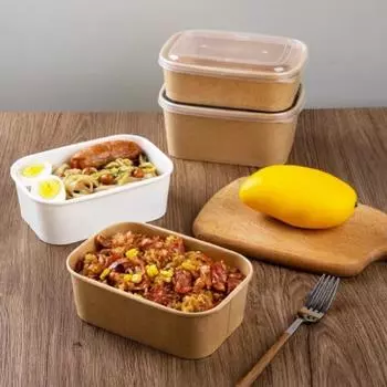 Одноразовая квадратная коробка для еды из крафт-бумаги, утолщенная миска из крафт-бумаги с крышкой, прямоугольная, упакованная на вынос коробка для фаст-фуда, 50 комплектов