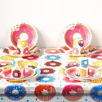 Одноразовая посуда для вечеринки в честь пончика, бумажные тарелки, стаканчики, салфетки, тема пончика, украшение для детского дня рождения, принадлежности для вечеринки в честь рождения ребенка
