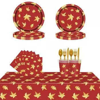 Одноразовая посуда с рисунком осеннего кленового листа, высококачественная позолоченная скатерть с рисунком кленового листа, бумажные стаканчики, принадлежности для вечеринки по случаю дня рождения Orange Knife 24pcs