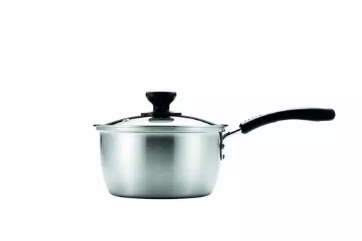 Одноручная кастрюля из жемчужно-металлической монохромной нержавеющей стали со стеклянной крышкой 16 см HB-5431 серебряный