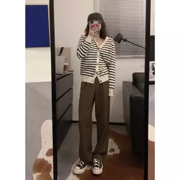 Однослойный мягкий липкий свитер с V-образным вырезом, вязаный кардиган Cream Stripes S Suggested 35.00 kg-47.50 kg