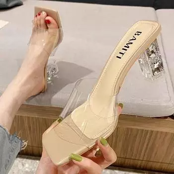 Односложные тапочки для женщин, летняя одежда 2025 года, новые квадратные головки, хрустальные, толстые, прозрачные, сексуальные, на высоком каблуке, классные тапочки для женщин 35 телесный