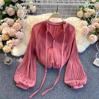 Однотонная элегантная кружевная шифоновая блузка, женская дизайнерская блузка с рюшами, женские офисные женские лоскутные топы во французском стиле, корейские топы 2024 One Size зелёный