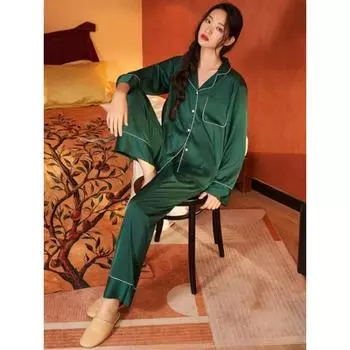 Однотонная атласная пижама с длинным рукавом, брюки, домашняя одежда, костюм, ретро женская пижама, многоцветная M синий