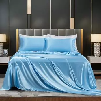 Однотонная атласная простыня Глянцевая простыня Наволочки Несминаемая Охлаждающая Шелковистая Приталенная S серебряный серый