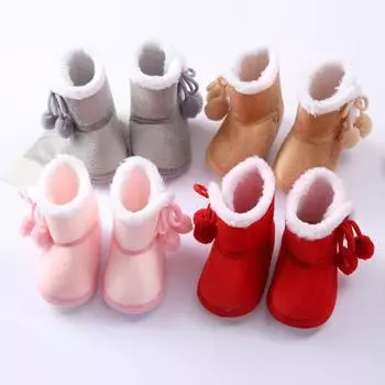 Однотонная бархатная хлопковая обувь для малышей, зимние сапоги на мягкой подошве с двойным помпоном, детские первые ходунки 14-L