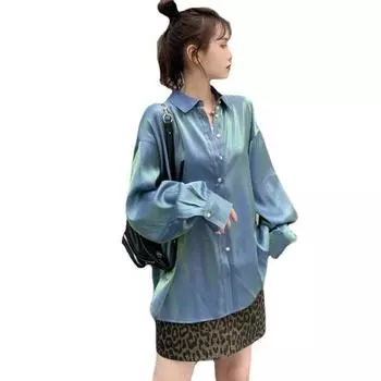 Однотонная блузка, блестящая шифоновая рубашка с русалкой, весна-лето, свободные женские простые топы с длинными рукавами S синий