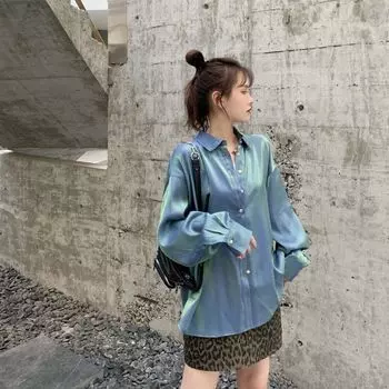 Однотонная блузка, блестящая шифоновая рубашка с русалкой, весна-лето, свободные женские простые топы с длинными рукавами S синий