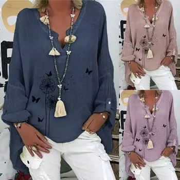 Однотонная блузка, летняя свободная рубашка больших размеров, женская осенняя свободная блузка с длинным рукавом и принтом бабочки и одуванчика, рубашка-туника, топ XXXXXL белый