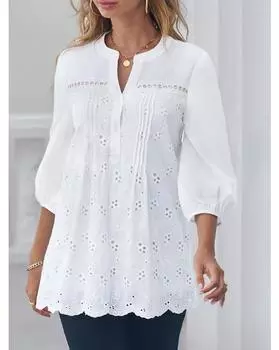 Однотонная блузка с люверсами с вышивкой больших размеров, блузка с вырезом для отпуска и рукавами 3/4 для весны и лета, женская одежда больших размеров 1XL белый