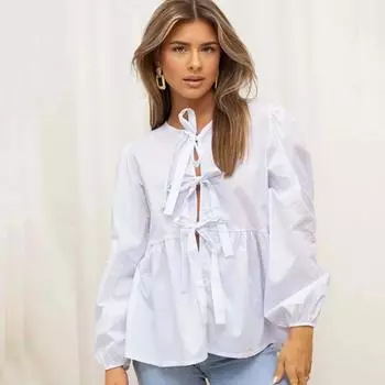 Однотонная блузка со шнуровкой и бантом, блузка с длинными рукавами-фонариками и бантом, летние топы для женщин M белый