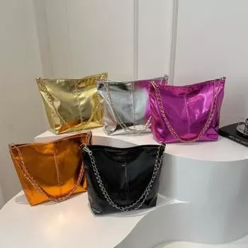 Однотонная цепочка наплечная сумка блестящая женская сумочка модная сумка из искусственной кожи для девочек оранжевый