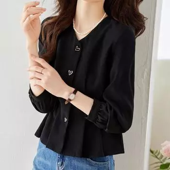 Однотонная черная блузка женская плиссированная рубашка с длинным рукавом модная рубашка на пуговицах для офиса L чёрный