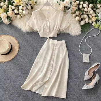 Однотонная домашняя одежда, женская блузка с V-образным вырезом, короткими рукавами, плиссировка + однобортная юбка с высокой талией, пижама One Size