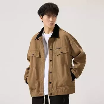 Однотонная джинсовая куртка с эффектом сшивания, стираная, с широкими карманами, с круглыми карманами, с декоративным узором, с пальто, мужская верхняя часть, мужская S коричневый