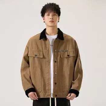 Однотонная джинсовая куртка с эффектом сшивания, стираная, с широкими карманами, с круглыми карманами, с декоративным узором, с пальто, мужская верхняя часть, мужская S чёрный