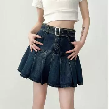 Однотонная джинсовая плиссированная юбка для женщин, летняя мода, короткая джинсовая юбка трапециевидной формы, винтажная одежда в корейском стиле, женская уличная одежда Y2k S синий
