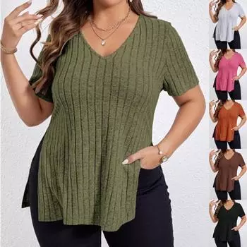 Однотонная футболка большого размера с v-образным вырезом и короткими рукавами, супер прочный дизайн, модные женские рубашки с нерегулярным разрезом, топы 2XL чёрный