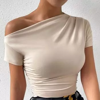 Однотонная футболка на одно плечо, элегантный топ с короткими рукавами и рюшами на весну и лето, женская одежда XXL чёрный