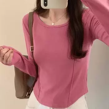 Однотонная футболка с глубоким вырезом, правым плечом и длинными рукавами для женщин, новый стиль на осень и зиму, облегающий крой, тонкий внутренний слой сверху S