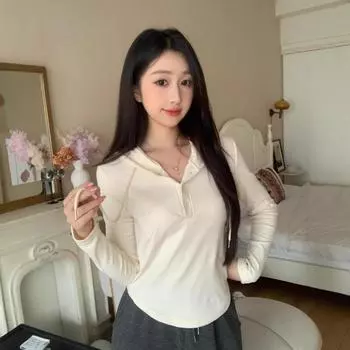 Однотонная футболка с капюшоном для женщин, осенне-зимний дизайн интерьера, Sense Niche, тонкий свитер с длинным рукавом, универсальный топ, абрикосовый цвет S абрикосовый