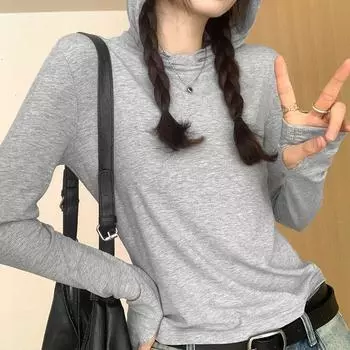 Однотонная футболка с капюшоном и длинными рукавами для женщин в начале осени, новый дизайн, утягивающая рубашка, повседневный топ S