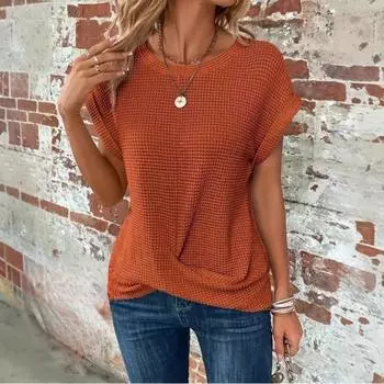 Однотонная футболка с круглым вырезом, элегантный короткий топ на весну-лето, женская одежда, футболки женские S коралловый