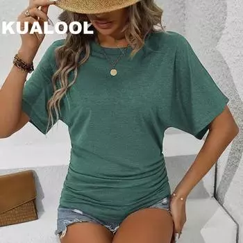 Однотонная футболка с круглым вырезом, элегантный топ с короткими рукавами и рюшами для весенне-летней женской одежды S белый