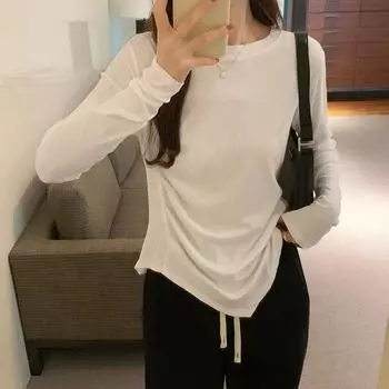 Однотонная футболка с круглым вырезом и длинным рукавом на правом плече для женщин, осенняя новинка, нерегулярная низ рубашки, дизайн нишевого топа S