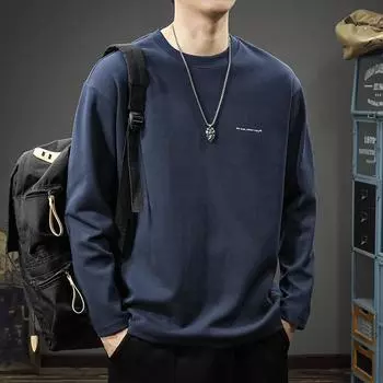 Однотонная футболка с круглым вырезом и длинными рукавами, мужская американская модная брендовая толстая свободная рубашка большого размера M тёмно-синий