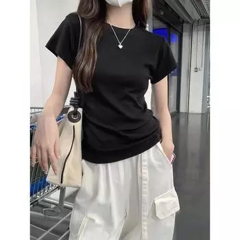 Однотонная футболка с правым плечом, лето 2024, новая базовая облегающая универсальная футболка с короткими рукавами, женская, нишевая, короткий черный топ S