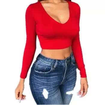 Однотонная футболка с V-образным вырезом, открытым пупком, облегающая, с длинными рукавами и коротким топом, демонстрирующая хорошую фигуру S чёрный