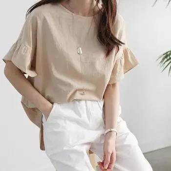 Однотонная футболка женская черная абрикосовая летняя минималистская японская блузка с коротким рукавом из хлопка и льна для женщин One Size чёрный