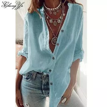 Однотонная хлопковая блузка с длинными рукавами в Европе и США, свободная женская блузка с V-образным вырезом и длинными рукавами. 2XL белый